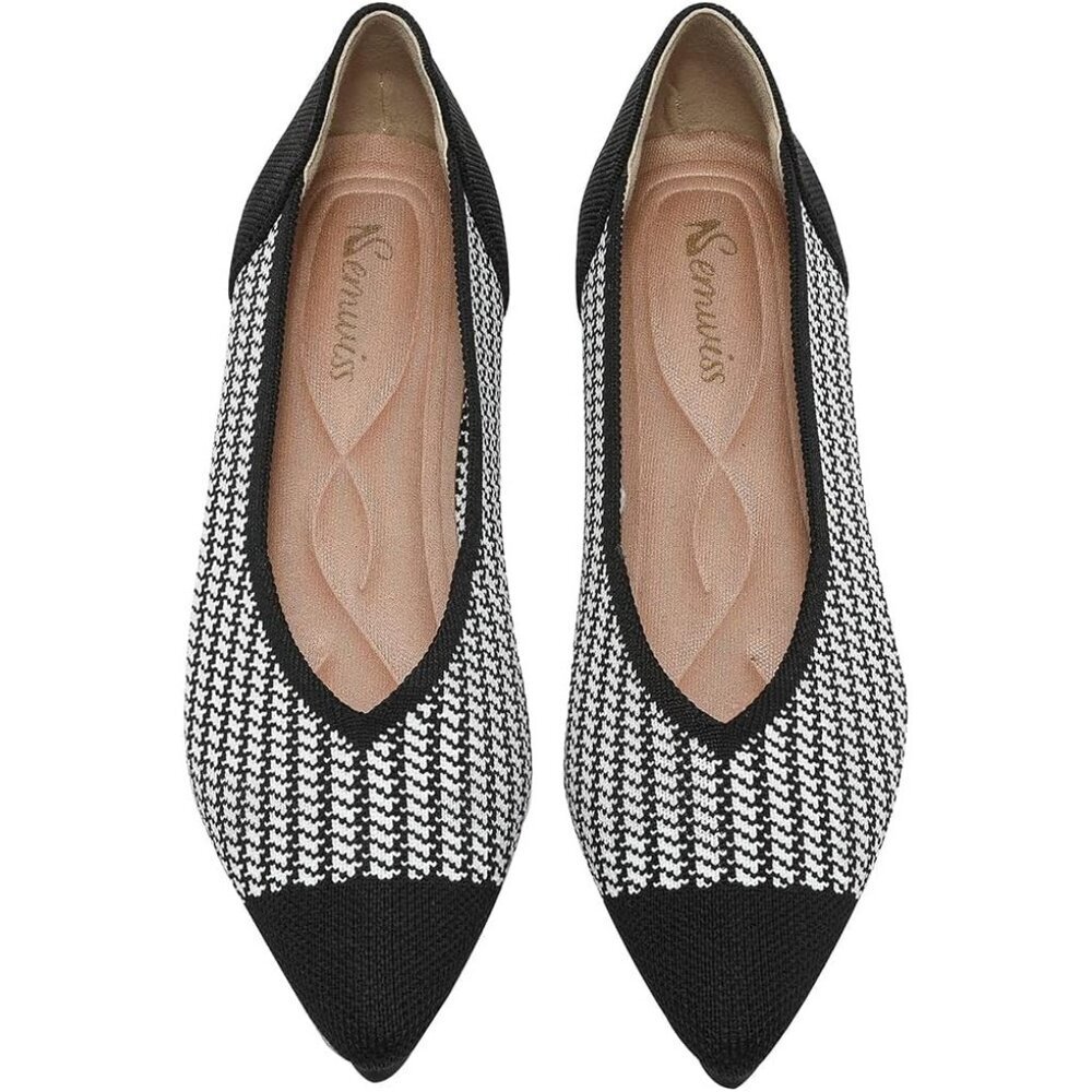 Women Pointed Toe Ballet Black White Flat Comfortable Casual Dressy Office Shoes